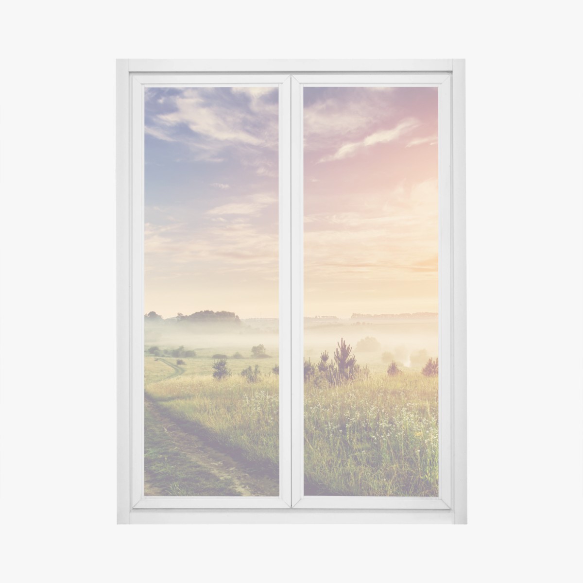 Sticker pour vitres et fenêtres aube brumeuse sur chemin de campagne – Wallnifity®