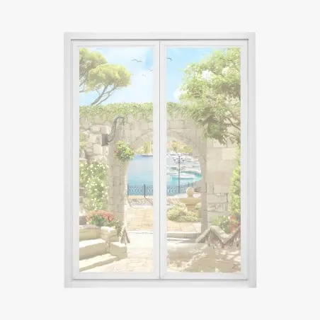 Sticker pour vitres et fenêtres vue méditerranéenne depuis une arcade en pierre – Wallnifity®