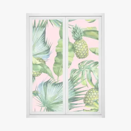 Sticker pour vitres et fenêtres motif tropical ananas et feuilles aquarelle sur fond rose – Wallnifity®