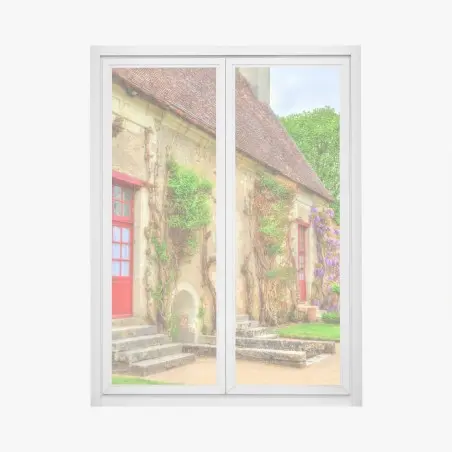Sticker pour vitres et fenêtres façade rustique aux portes rouges et glycines – Wallnifity®