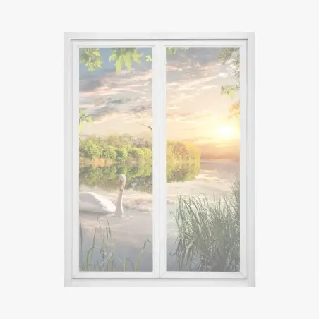 Sticker pour vitres et fenêtres paysage au coucher de soleil avec un cygne blanc – Wallnifity®