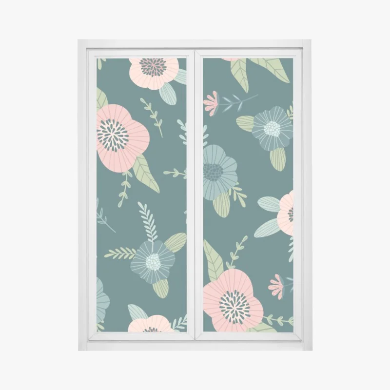 Sticker pour vitres et fenêtres motif floral élégant rose et bleu sur fond vert canard – Wallnifity®