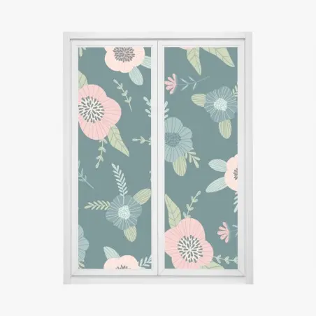 Sticker pour vitres et fenêtres motif floral élégant rose et bleu sur fond vert canard – Wallnifity®