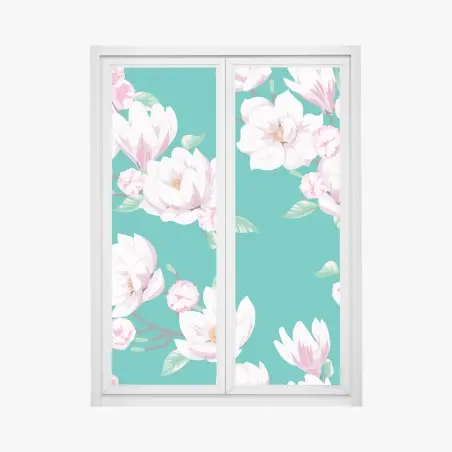 Sticker pour vitres et fenêtres fleurs de magnolia sur fond sarcelle – Wallnifity®