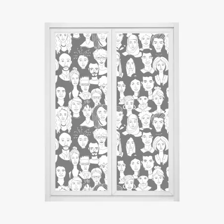 Sticker pour vitres et fenêtres foule de visages stylisés en noir et blanc – Wallnifity®