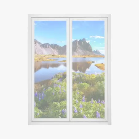 Sticker pour vitres et fenêtres prairie de lupins au bord de la lagune de Stokksnes, Vestrahorn – Wallnifity®