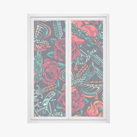 Sticker pour vitres et fenêtres motif rétro tatouage roses et hirondelles – Wallnifity®