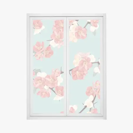 Sticker pour vitres et fenêtres motif floral délicat aux fleurs roses et fond turquoise – Wallnifity®