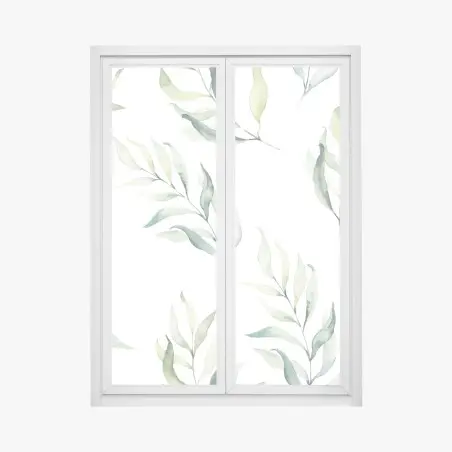 Sticker pour vitres et fenêtres motif feuilles aquarelle vertes sur fond blanc – Wallnifity®