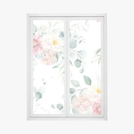 Sticker pour vitres et fenêtres motif floral aquarelle aux pivoines et eucalyptus – Wallnifity®
