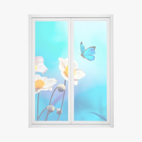 Sticker pour vitres et fenêtres élégance printanière — anémones et papillon bleu – Wallnifity®