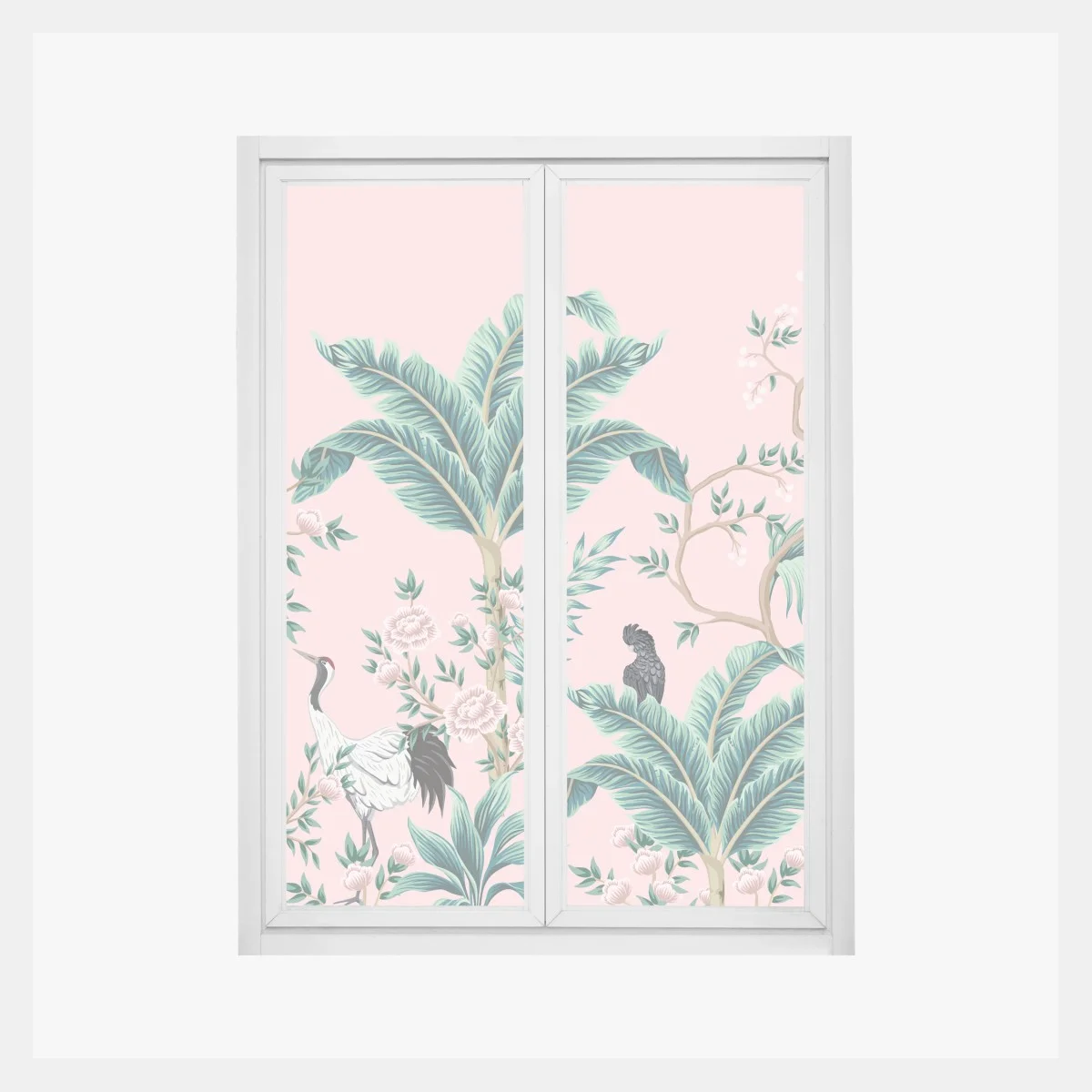 Sticker pour vitres et fenêtres scène botanique rose aux grues et oiseaux exotiques – Wallnifity® Sticker pour vitres et fenêtres scène botanique rose aux grues et oiseaux exotiques – Wallnifity®