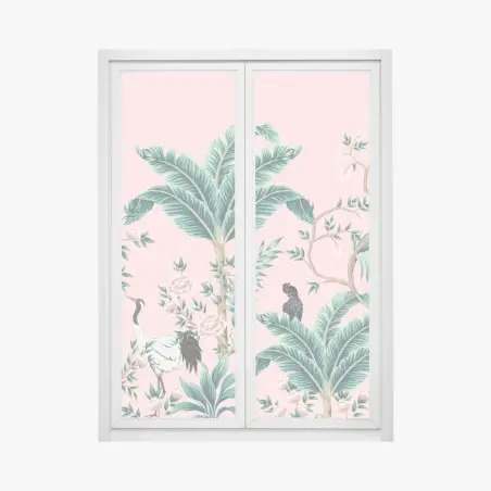 Sticker pour vitres et fenêtres scène botanique rose aux grues et oiseaux exotiques – Wallnifity®