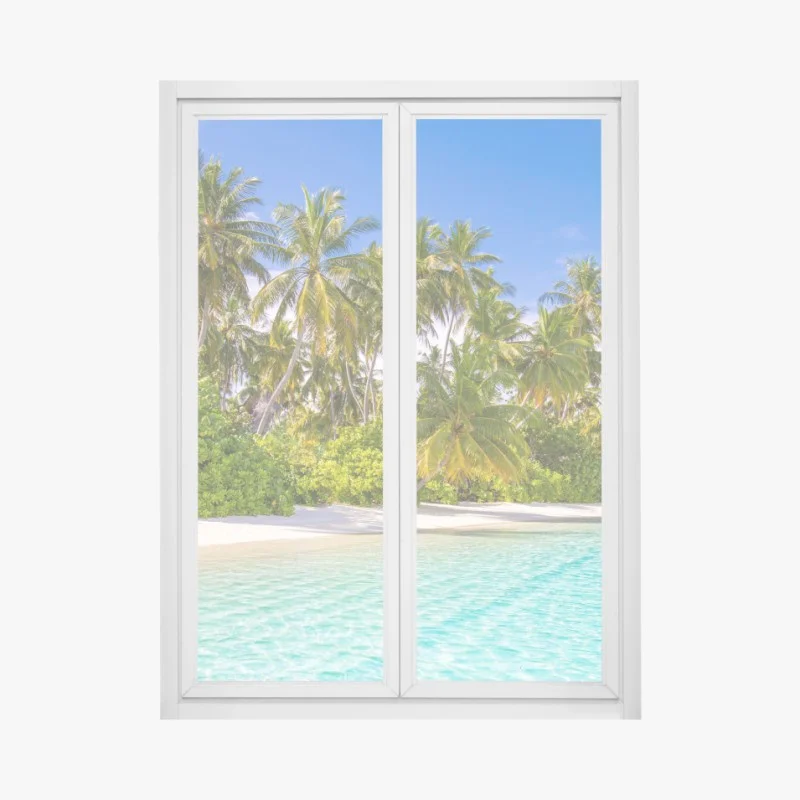 Sticker pour vitres et fenêtres plage tropicale au sable blanc et eau turquoise – Wallnifity®