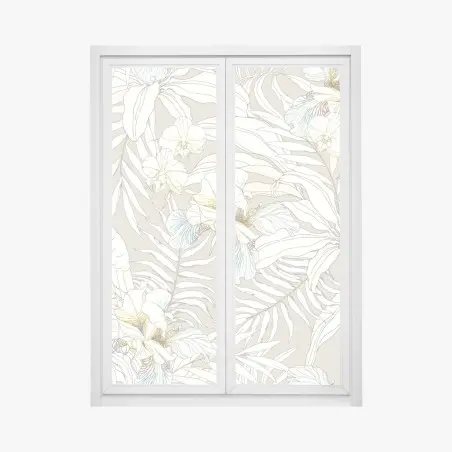 Sticker pour vitres et fenêtres décor tropical aux cacatoès et orchidées sur fond beige – Wallnifity®