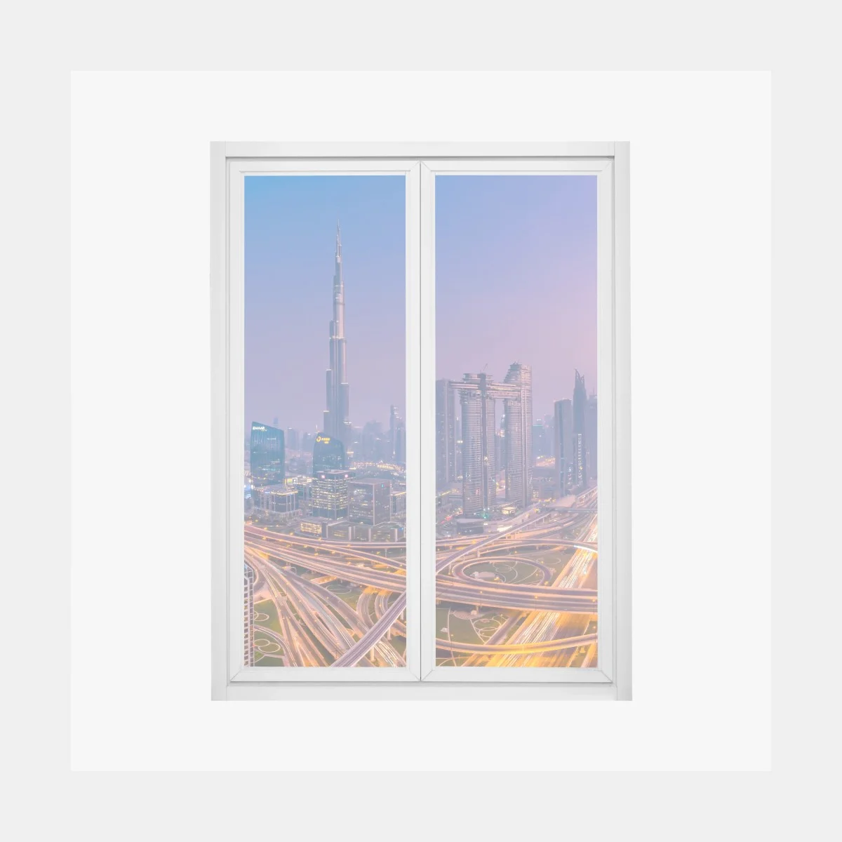 Sticker pour vitres et fenêtres panorama urbain de Dubaï au crépuscule – Wallnifity® Sticker pour vitres et fenêtres panorama urbain de Dubaï au crépuscule – Wallnifity®