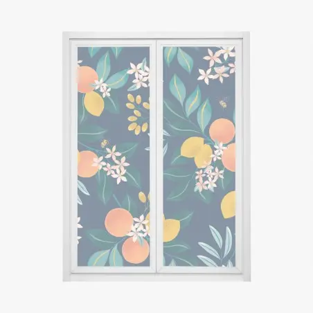 Sticker pour vitres et fenêtres motif botanique d'agrumes sur fond bleu profond – Wallnifity®