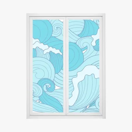 Sticker pour vitres et fenêtres vagues stylisées en nuances de bleu – Wallnifity®