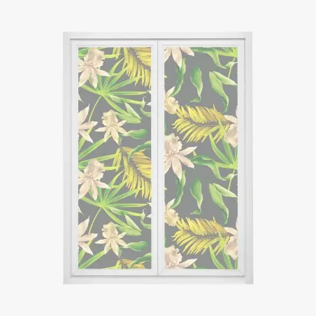 Sticker pour vitres et fenêtres motif tropical d'orchidées et de feuilles exotiques sur fond sombre – Wallnifity®