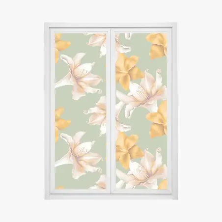 Sticker pour vitres et fenêtres motif floral de lys orangés sur fond vert sauge – Wallnifity®