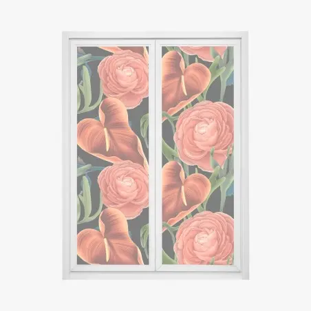 Sticker pour vitres et fenêtres motif floral tropical aux anthuriums et renoncules sur fond noir – Wallnifity®