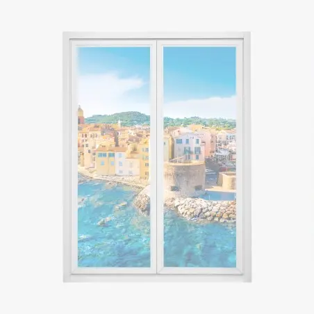 Sticker pour vitres et fenêtres vue côtière ensoleillée d'un village méditerranéen – Wallnifity®