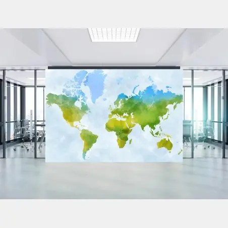 Papier peint mappemonde aquarelle aux tons verts et bleus – Wallnifity®