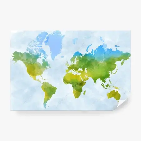 Papier peint mappemonde aquarelle aux tons verts et bleus – Wallnifity®