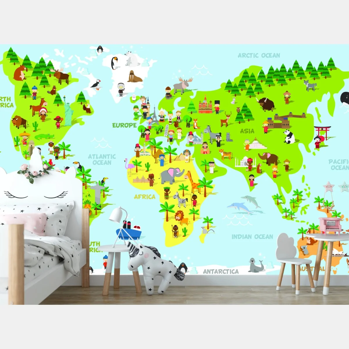 Wall mural colorful world map with animals and children – Wallnifity® Wall mural colorful world map with animals and children – Wallnifity®