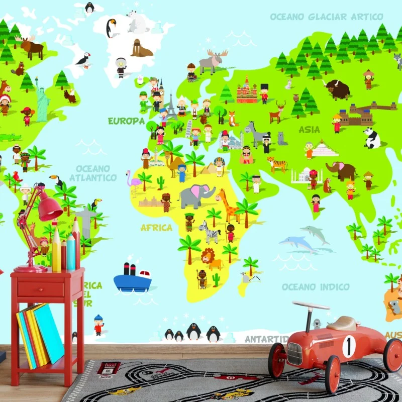 Wall mural colorful illustrated world map for kids – Wallnifity®
