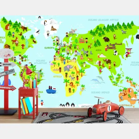 Wall mural colorful illustrated world map for kids – Wallnifity®
