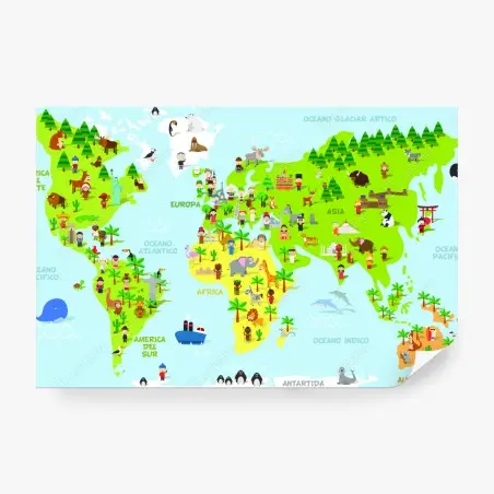 Wall mural colorful illustrated world map for kids – Wallnifity®