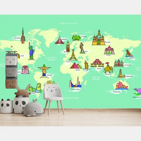 Papier peint carte du monde ludique aux monuments colorés – Wallnifity®