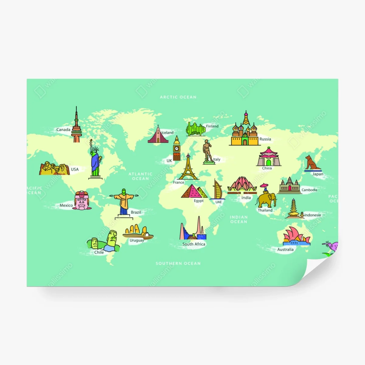 Papier peint carte du monde ludique aux monuments colorés – Wallnifity®