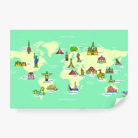 Papier peint carte du monde ludique aux monuments colorés – Wallnifity®