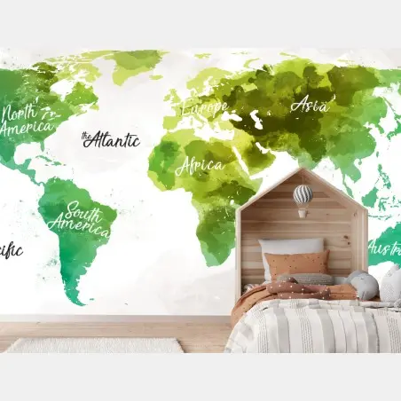 Papier peint carte du monde aquarelle aux tons verts – Wallnifity®