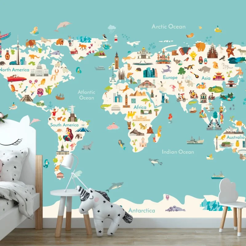 Wall mural colorful illustrated world map for kids – Wallnifity® Wall mural colorful illustrated world map for kids – Wallnifity®
