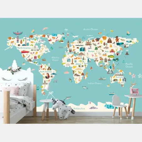Wall mural colorful illustrated world map for kids – Wallnifity®