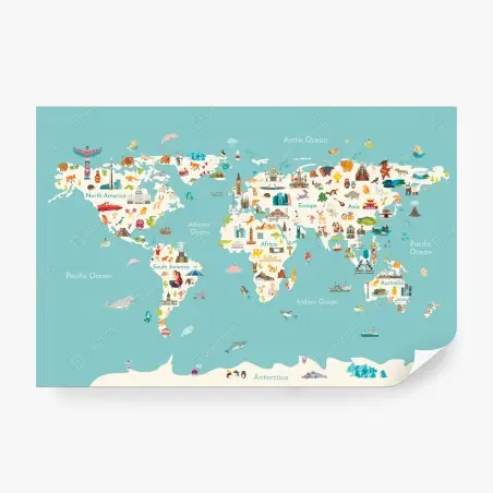 Wall mural colorful illustrated world map for kids – Wallnifity®