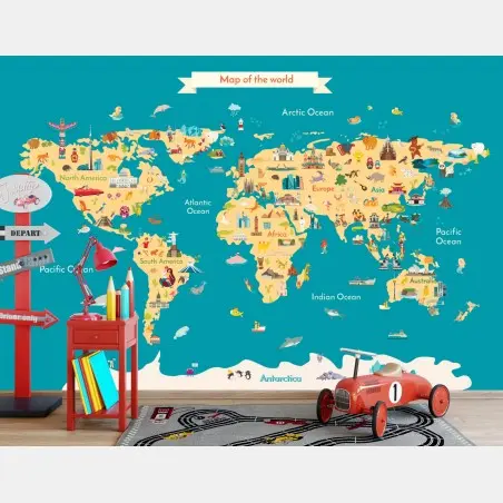 Wall mural colorful illustrated world map for kids – Wallnifity®