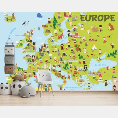 Wall mural illustrated Europe map for kids – Wallnifity®