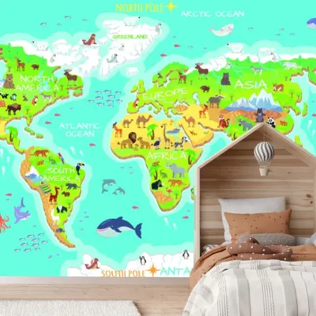 Papier peint carte du monde colorée avec animaux pour enfants – Wallnifity®