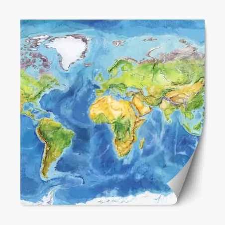 Sticker repositionnable carte du monde aquarelle : Europe, Asie, Afrique et Amériques – Wallnifity®