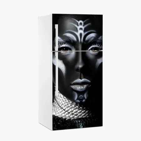 Sticker pour réfrigérateur portrait tribal noir et blanc au maquillage artistique – Wallnifity®