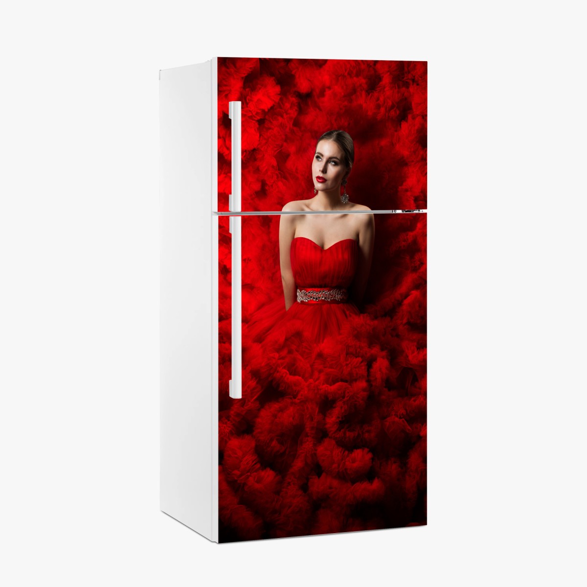 Sticker pour réfrigérateur muse en robe rouge luxueuse – Wallnifity®
