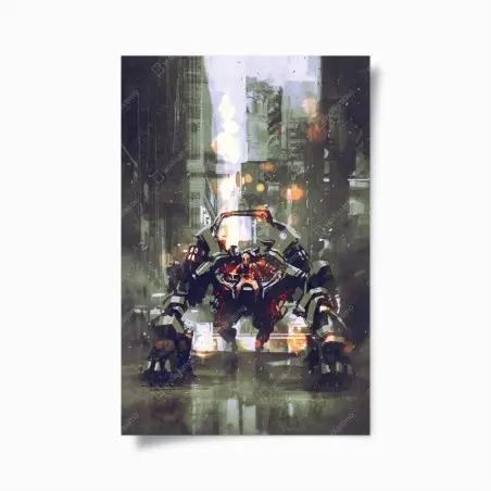 Poster robot de combat futuriste en patrouille urbaine – Wallnifity®