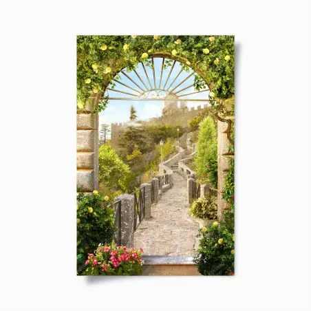 Poster chemin pavé fleuri vers un château – Wallnifity®