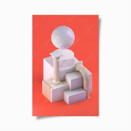Poster sphère marbrée et colonnes néoclassiques sur fond corail – Wallnifity®