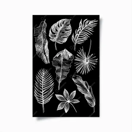 Poster motifs de feuilles tropicales en croquis blanc et noir – Wallnifity®