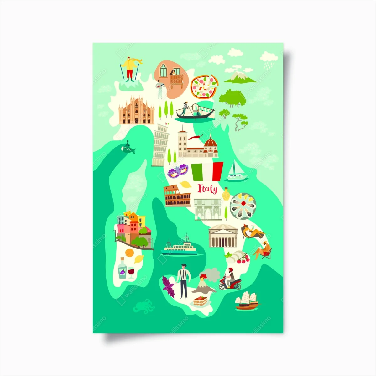 Poster carte illustrée de l'Italie en couleurs – Wallnifity® Poster carte illustrée de l'Italie en couleurs – Wallnifity®